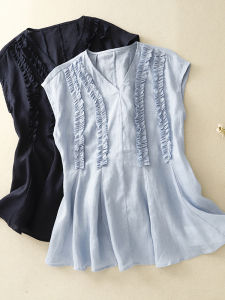 เสื้อเชิ้ตผู้หญิงแขนกุดคอวีผ้าลินินผสมคอตตอน ทรงหลวม สไตล์ลำลอง สำหรับใส่ไปทำงานในฤดูร้อน ทรงปกติ