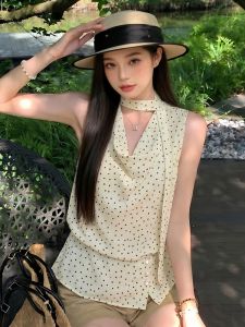 GUZILIAN | Polka Dot Design Ribbon Sleeveless Blouse Womens Top
