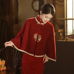 Red Wine Color Long Sleeve Cheongsam Wedding Dress for Women New Style Autumn Winter New Chinese Style Marriage Engagement Return Home Service