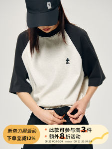 UHUZZ Crissrex Store Retro Color Block Shoulder Insert Short Sleeve Loose Casual Versatile T-Shirt Cotton Sweatshirt round Neck