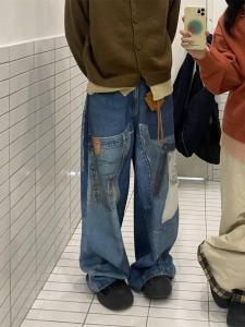 กางเกงยีนส์ทรงหลวมสไตล์อเมริกันย้อนยุคพร้อมการเย็บปะติดปะต่อกันแบบยูนิเซ็กซ์ กางเกงขายาวทรงตรง ผ้าฝ้ายผสมโพลีเอสเตอร์