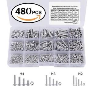 480pcs/set M2 M3 M4 Button Head Hex Socket Screw Bolt Nut Stainless Steel SS304 Screws Nuts Assortment Kit Fastener Hardware