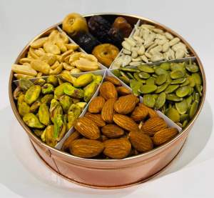 Protein Punch (your plant base protein 6-in-1 pack: Pistachios Almonds Peanuts pumpkin seeds sunflower seeds mixed Saudi dates)  in Can-ideal for gift-6x2 inches-imported