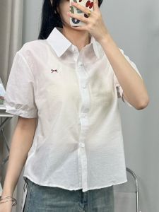 Áo Sơ Mi Nữ Mùa Hè Mới Đơn Giản Thêu Tay Ngắn Khóa Đơn Cổ Polo Chất Liệu Cotton Pha Trộn Thường Ngày Cho Nữ