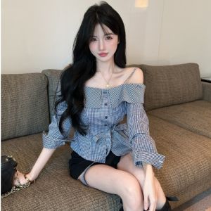GUZILIAN | Áo sơ mi kẻ caro không đều kiểu Pháp dành cho nữ tay dài vừa vặn eo gợi cảm mùa thu phong cách mới thiết kế vai một chữ