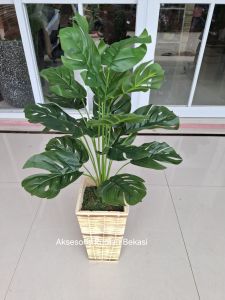 POHON MONSTERA ARTIFICIAL 18 DAUN DENGAN POT ROTAN BAMBU