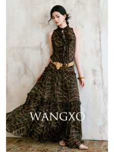 WANGXO | Bộ Áo Không Tay và Chân Váy In Hình Plaid Nâu Vintage Bất Quy tắc