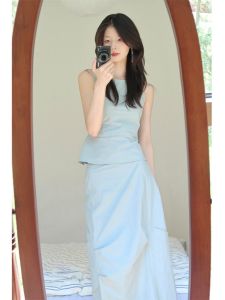 Misty Blue French Waist Slim Fit Sleeveless Top High Waist Design Workwear Long Skirt Set Women Summer Fashion plus Size