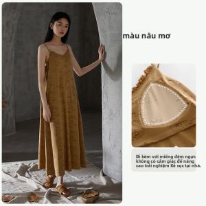yuenei | Váy ngủ cotton nguyên chất cho nữ mùa hè có đệm ngực váy dài không tay váy ngủ đơn giản mặc ở nhà chất liệu cotton nguyên chất