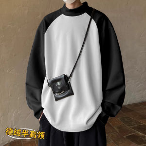 Black and White Patchwork Men Long Sleeves T-Shirt Ins American Fashion Brand Half Collar Top Autumn and Winter Inner Wear Dralon Bottoming Shirt
