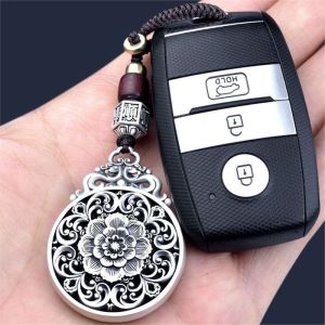 Paeonia Silver Car Keychain Pendant Womens Style Luxury Silver Accessory Safe Travel Charm Automobile Key Holder Decoration