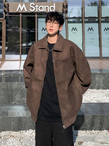 แจ็คเก็ตหนัง PU สีน้ำตาลสำหรับผู้ชาย ทรงหลวมสบาย ๆ ฤดูใบไม้ร่วง แจ็คเก็ตหนังมอเตอร์ไซค์ที่เข้ากันได้หลากหลาย