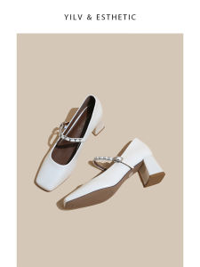 French Style Mary Jane Shoes Womens Soft Leather High Heels Slip-On Fashionable Flat Mouth Shoes with Buckle All-Match Work Shoes