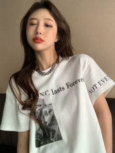 Áo Thun Tay Ngắn Mùa Hè Phong Cách Hàn Quốc Rộng Rãi Thoải Mái Thường Ngày Cotton 100% in Chữ Cổ Tròn Dài Thường