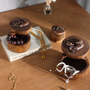 กล่องเครื่องประดับไม้เนื้อแข็งรูปช้างกล่องเล็กกล่องแหวนกล่องเครื่องประดับไม้กล่องเก็บของแบบหมุนได้ที่เขี่ยบุหรี่กลม