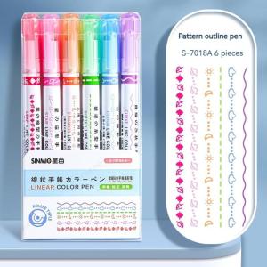 6Pcs/Set Flower Line Shape Highlighter Pen Roller Tip Curve Liner Marker Kawaii Stationery For School Office Home Supplies Gifts