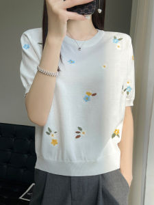 Embroidered Floral Short Sleeve Ice Silk Knit Tee