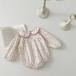 Spring Clothes Set for Baby Girls Knitted Triangle Bibs Floral Print Long Sleeve Cotton Onesie for 6-36 Months Old Girls