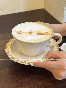 French Relief Coffee Cup Plate Breakfast Oats Afternoon Tea Ceramic Latte Cup High Aesthetic Value Ladies Coffee Cup