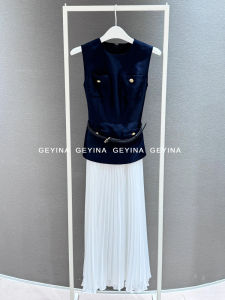 Geyina High-End Blue Collision White Satin Slimming Sleeveless Fake Two-Piece Dress Elegant City Commute X-Shape Silhouette