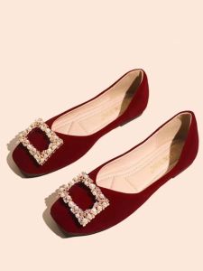 Red Flat Wedding Shoes Womens Spring 2024 New Style Two-Way Wear Bride Shoes Comfortable Maternity Footwear Non-Slip Single-Sole