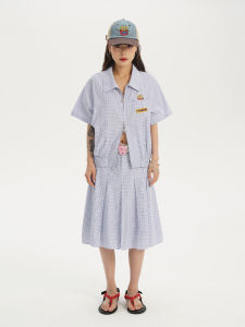 TIPSEVEN Original Design Spring Summer Fast Food Series Embroidered Small French Fries Checkered Short Sleeve Shirt Skirt
