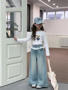 Jeans for Kids Girls 5-16years old New Fashion Wide Leg Trousers Loose Jeans Denim Jeans Straight Leg Pants Lace Design Casual Jeans High Waist Baggy Pants 130-160CM