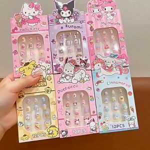 TT38 Kids 12pcs Cute Sanrio press-on Nail set self-adhesive artificial nail stickers detachable children makeup toy Kuromi Melody