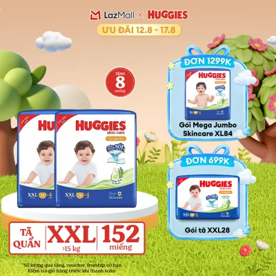 [12-17.08 GIẢM THÊM 90K] Combo 2 Gói Tã/bỉm quần HUGGIES SKINCARE MEGA JUMBO size XXL76+4 miếng