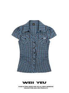 Weii Yeu American Retro Plaid Waist-Cinching Short Sleeve Shirt Women Summer Slimming Pocket Shirt Top Cotton Pure Comfort