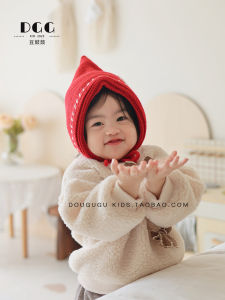 Hand Knitted Baby Hat Winter Ear Protection Snowflake Design Cute Elf Cap Red Color Woolen Knitwear for Infants And Toddlers