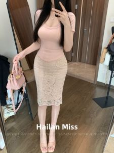 Slim Fit Pink Knitted T-Shirt Short Sleeve Lace Patchwork Half Skirt Set Womens Casual Style Pure Color Summer Cotton Top