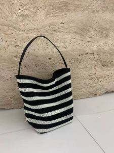 Large Capacity Womens Black White Striped Bucket Bag Casual Beach Vacation Handbag Single Shoulder Tote Bag Fashionable All-Match