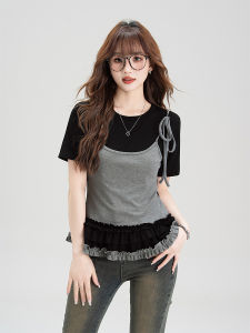 Red Short Sleeve T-Shirt Womens Slim Fit Summer New Style Bordered Patchwork Hollow out Design Versatile Casual Top