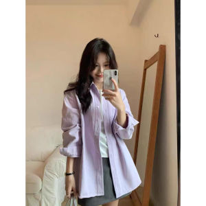 เสื้อเชิ้ตแขนยาวหลวมๆ สีฟ้าสไตล์ฝรั่งเศสสำหรับผู้หญิงในฤดูใบไม้ผลิ เสื้อเชิ้ตแขนยาวลำลองแบบสบายๆ สไตล์ฝรั่งเศส