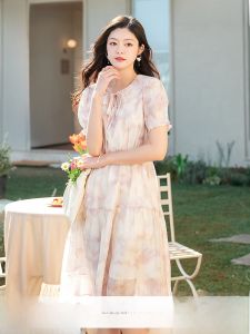 Lagogo 2025 New Dopaamine Womens Printed Skirt Fairy Atmosphere Bell Sleeve High Waist Bubble Sleeve Midi Dress Ladylike Style