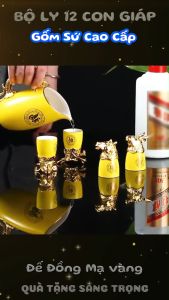 Bộ Ly 12 Con Giáp Gốm Sứ cao cấp mạ vàng kèm vali gỗ sang trọng – Bộ Ly Rượu Đẹp làm quà biếu tết quà tặng – Bộ Ly Uống Rượu