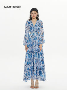 Blue Floral Print Rose Sea Design New Lace-up Waist Cut-out Dress