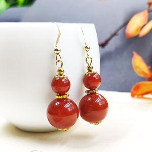 Natural South Red Agate Persimmon Red Earrings 14K Gold Plated Fashionable Gourd Shape Retro Ear Jewelry Elegant Dangle