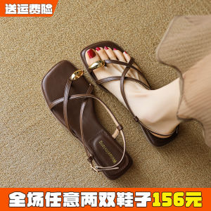 Low-Heel Roman Sandals Womens Summer Fashion Fairy Tale Style Cross-Band Metal Detail Slip-On Shoes for plus Size Women Size 41 to 43