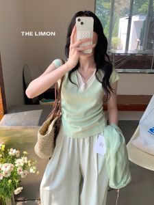 Áo Thun Nữ Cổ Chữ V Thời Trang Mùa Hè 2025 Áo Thun Tay Ngắn Màu Trơn Chất Liệu Polyester Phong Cách Hàn Quốc Thường Ngày