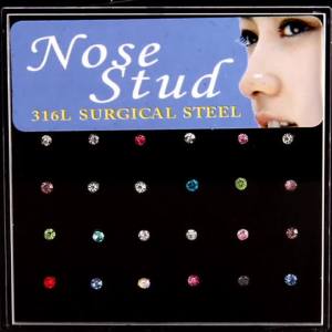 24pcs Crystal Nose Ring & Studs Fashion Body Women Girl Jewelry Stainless Surgical Steel Nose Piercing Colorful Rhinestone