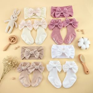 2Pcs Baby Bow Headband Socks Set Toddler Girls Big Bowknot Elastic Nylon Hairband Turban Solid Soft Sock Kids Accessories