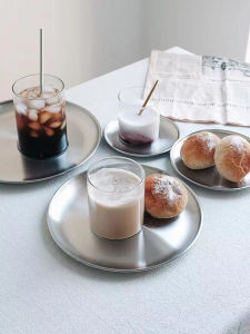 Simplified Ins Style Stainless Steel Frosted Metal Plate Dessert Shop Cake Dish round Breakfast Toast Plate Commercial Use