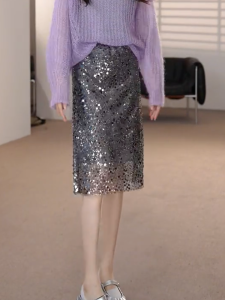 MANMI | Shiny Silver Elegant Waist High Skirt