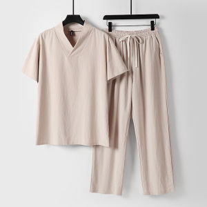 plus Size Mens Short Sleeve T-Shirt Set Chinese Style Summer Casual Cotton Linen Blend Meditation Clothes Buddha Zen Suit