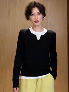 Thickened Sanded Fabric Patchwork Fake Two-Piece T-shirts Tops Womens Autumn and Winter Style Stylish Niche Style Heattech Inner Bottoming Shirt