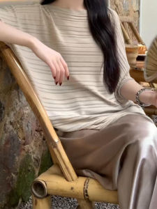 YUEZHONGWEI | Loose Fit French Style Ice Silk Linen Knitted Short Sleeve T-Shirt Women Summer New Casual Round Neck Pullover Top