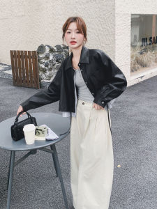 Black Stripe Splicing Fake Two-Piece PU Leather Jacket Short Outerwear Womens Fashionable Autumn New Arrival Versatile Coat