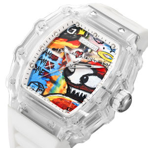 BOZLUN X KOTA Co-branded “I AM TEH ONE” Series Graffiti Art 3D Printed Face Mechanical Movement Silicone Strap Acrylic Transparent Case Luminous 30 Meter Waterproof Fashion Watch Set KOTA018